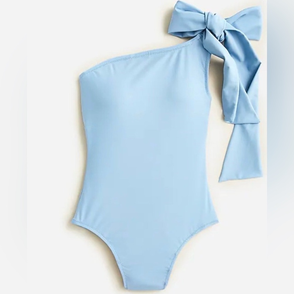 One-Shoulder Light Blue Bow-Accent Swimsuit
